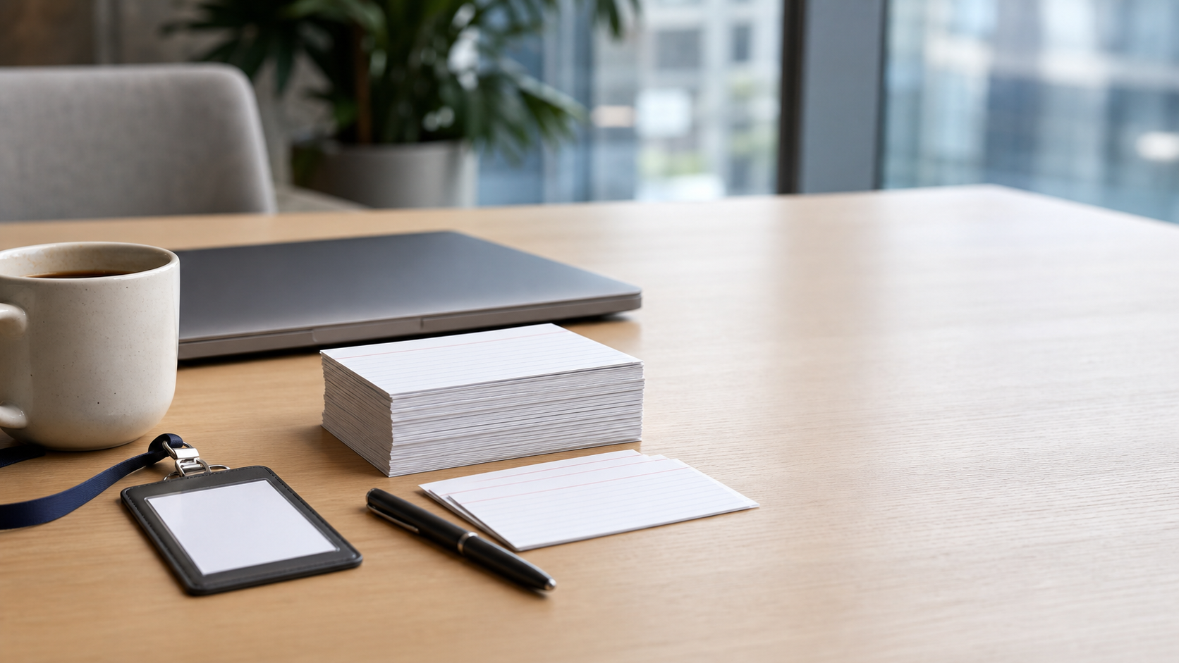 Conference prep desk with cards and a badge